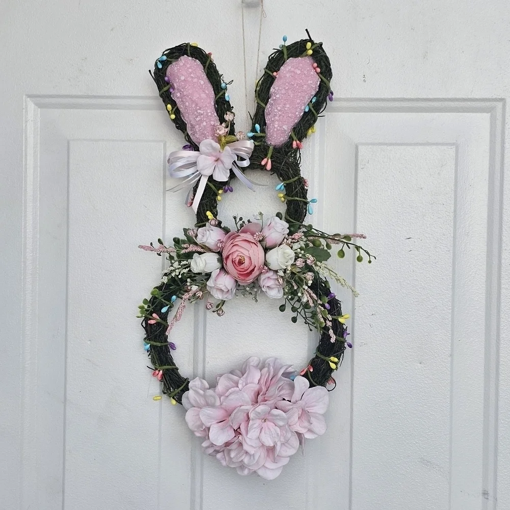 Handmade Floral bunny Spring/Easter Wreath with light pink and white florals